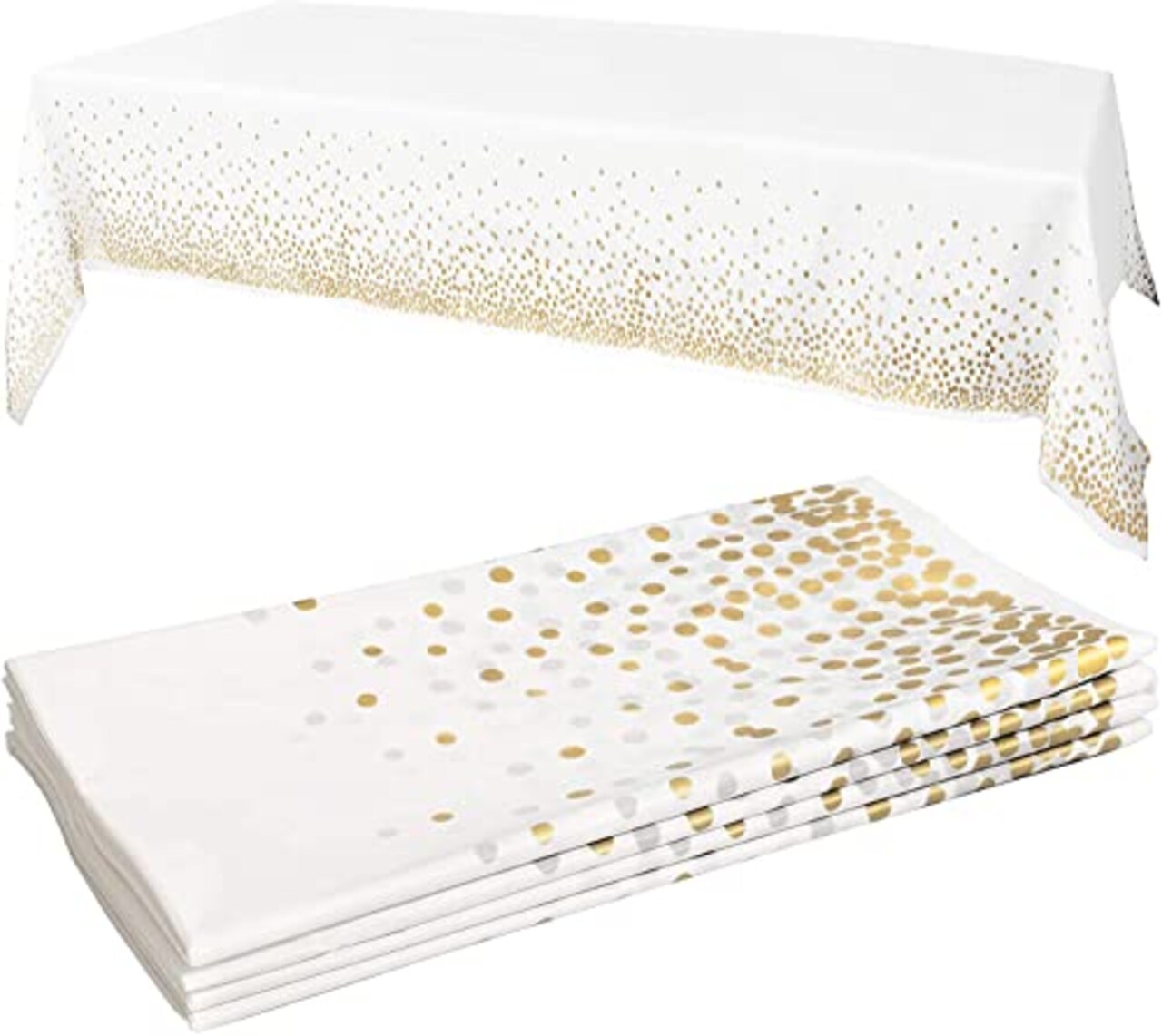 White/Gold Tablecloths, 4pk, 54"x108" - Gold Dot Disposable Tablecloths - Plastic Table Cloth Disposable - White Tablecloths - BBQ, Party, Fine Dining, Wedding, Communion, Baptism Decorations